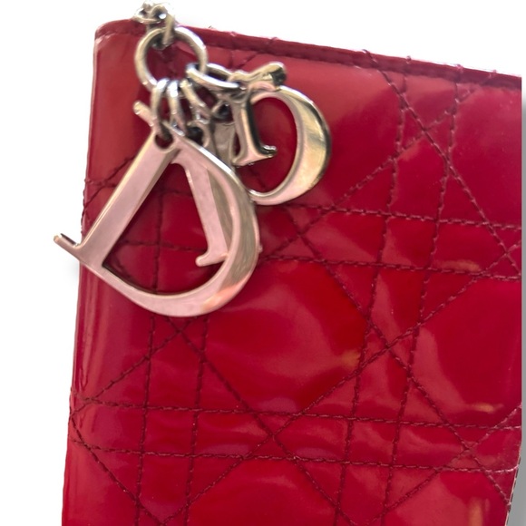 Lady Dior Cannage Quilted Cherry Red Patent Leather Calfskin Wallet Bag & Chain - Picture 6 of 17